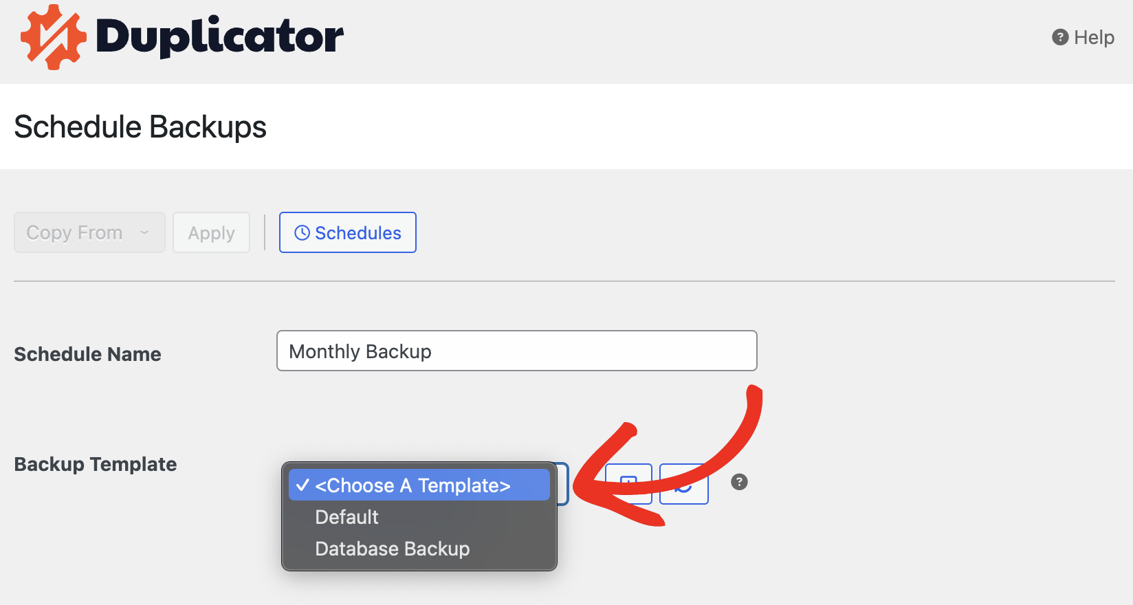 create backup and choose template - Duplicator