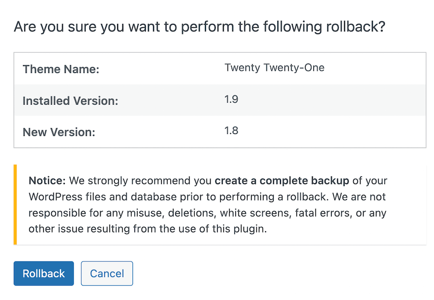 Confirm theme rollback